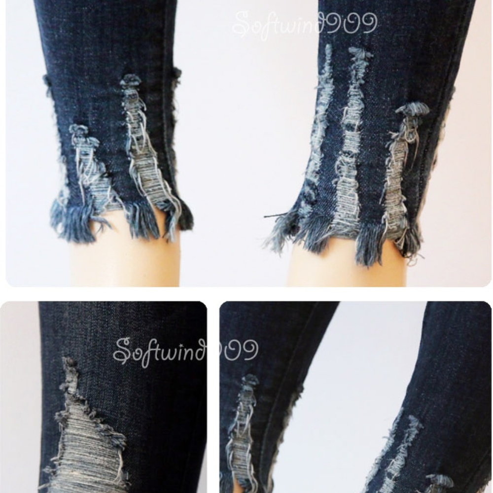Last☝️Distressed Dark Blue High Waist Skinny Jeans - Picture 4 of 8